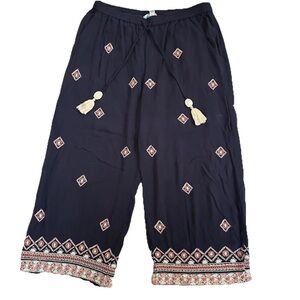 Sundance Niovi Embroidered Wide Leg Cropped Boho Blue Pants -M Yoga Festival